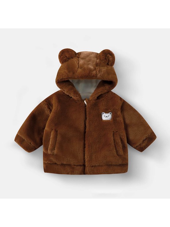 Toddler Animal Hood Jacket - Soft Fluffy 100% Polyester, 2-3T Brown, Full-Zip Warm Coat for Fall Winter, Easy On/Off