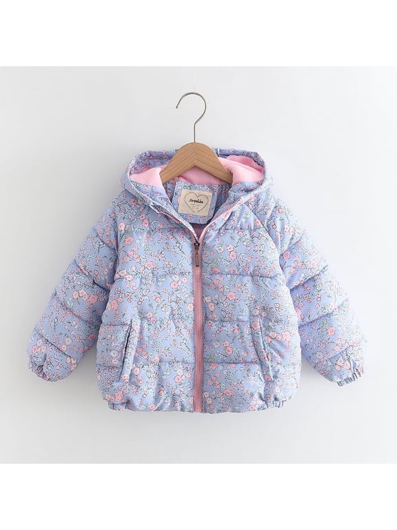 Toddler Blue Floral Padded Jacket 4T - Warm Winter Coat for Girls with Hood, Full-Zip & Side Pockets, Nylon Spandex Blend (2-10 Years)