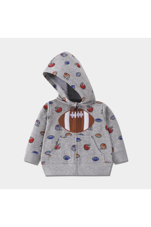 Toddler Football Zip-Up Hoodie, Gray, 2-3 T - Helmet & Ball Print with Front Pockets, Sports Themed Casual Wear