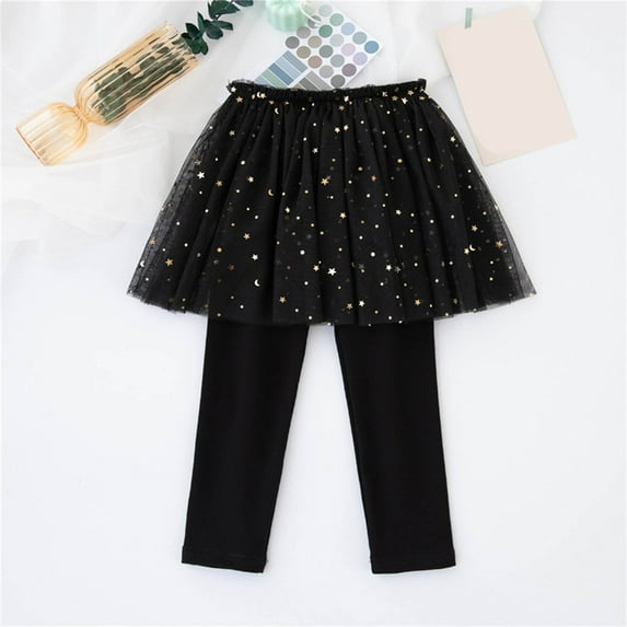 fnnxnal Toddler Girl Black Skirted Leggings - 3T 2-in-1 Tutu Style with Sparkle Star Moon, Soft Polyester Elastic Waist, Ideal for Daily Wear/Parties/School