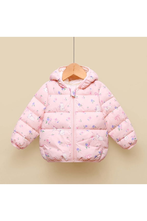 Toddler Girl Pink Puffer Jacket 3T - Bunny Floral Print, Hooded, Warm, Lightweight, Machine Washable, Quilted, Durable Winter Coat