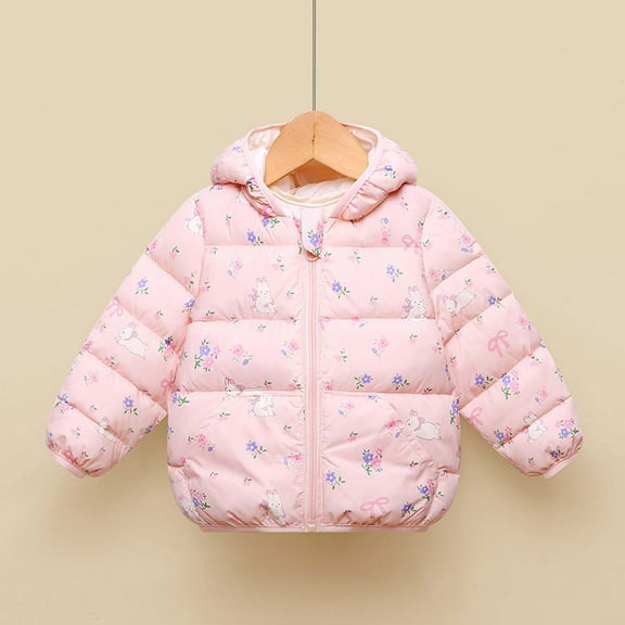 fnnxnal Toddler Girl Pink Puffer Jacket 3T - Bunny Floral Print, Hooded, Warm, Lightweight, Machine Washable, Quilted, Durable Winter Coat