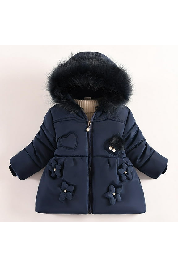 Toddler Girl Winter Coat - Dark Blue, 3T - Cute Furry Hood with Flower Heart Accents, Warm Zipper Jacket, Durable Nylon Spandex