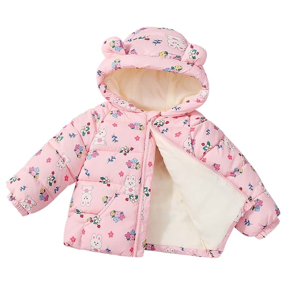 FAIOROI Toddler Girl's Winter Puffer Jacket - 3T, Pink, Fleece Lined, Bear Ears Hood, Rabbit Floral Print, Warm & Machine Washable