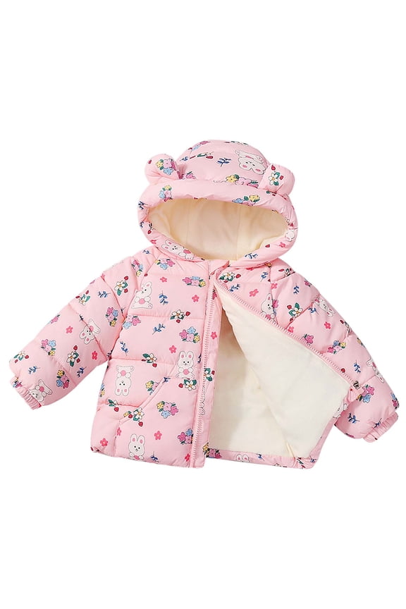 Toddler Girl's Winter Puffer Jacket - 3T, Pink, Fleece Lined, Bear Ears Hood, Rabbit Floral Print, Warm & Machine Washable