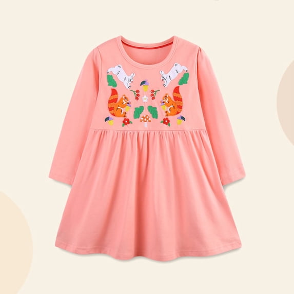FAIOROI Toddler Girls' 3T Dress - Cotton Long Sleeve Forest Themed (Bunny/Squirrel) Pink Casual Play & School Dress