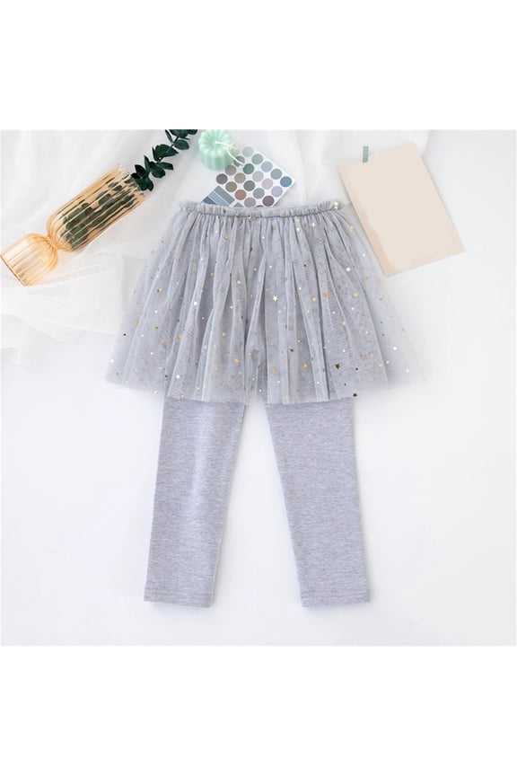 Toddler Girls' 3T Gray Skirted Leggings - 2-in-1 Layered Tulle Skirt with Sparkle Stars Moons, Elastic Waist, 100% Polyester for Daily/Party Wear