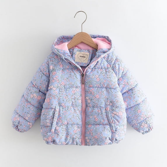 FAIOROI Toddler Girls Blue Floral Padded Jacket - 3T Warm Winter Coat with Hood, Full-Zip, Side Pockets, Nylon Spandex Blend for 2-10 Years