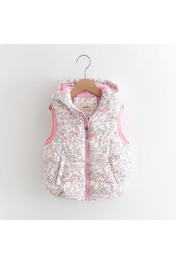 Toddler Girls Floral Hooded Puffer Vest - White, 3T, Fleece-Lined, Quilted Insulated, Nylon-Spandex, Cold Weather, Daily/Outdoor Wear