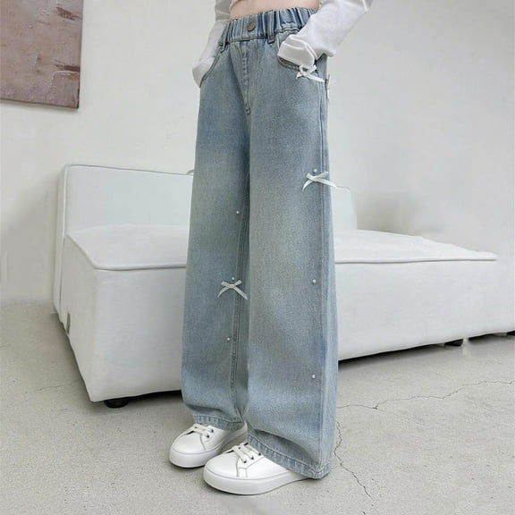 fnnxnal Toddler Girls Wide Leg Jeans - Blue, 4-5T - 100% Denim with Pearl & Ribbon Details, Soft Breathable Durable Kids Embellished Denim Pants