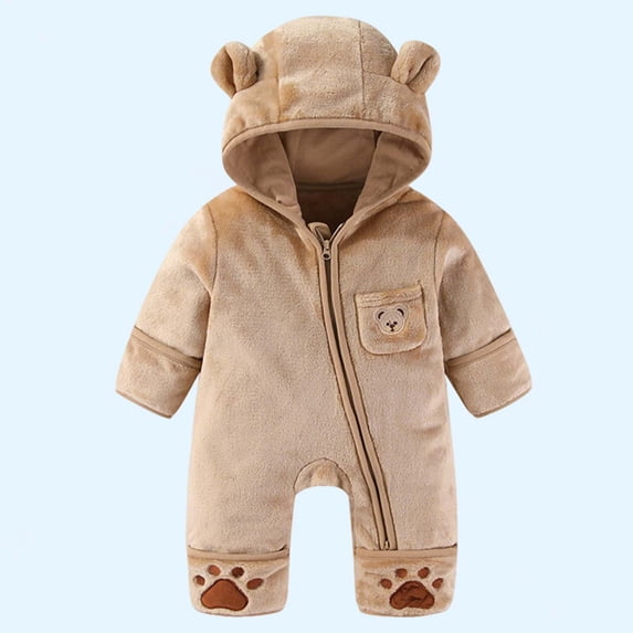 FAIOROI Toddler Hooded Bear Onesie - 3T, Coffee, 100% Polyester Plush, Soft Warm Full-Zip, Cute Paw Prints for Fall/Winter
