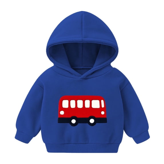FAIOROI Toddler Hoodie 4T Blue - 100% Polyester Cartoon Red Bus Graphic, Stain Resistant Machine Washable for Kids' Everyday School & Play