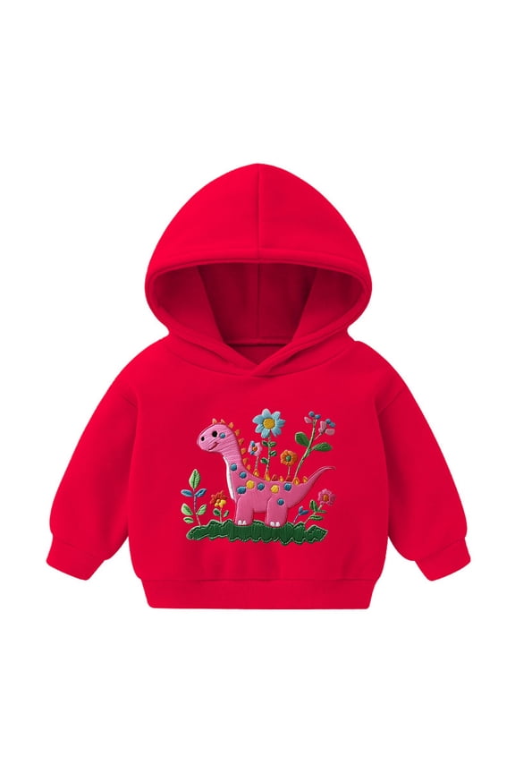 Toddler Hoodie 4T Red, 100% Polyester Lightweight Quick-Drying with Dinosaur & Floral Embroidery Print for Kids Ages 2-8