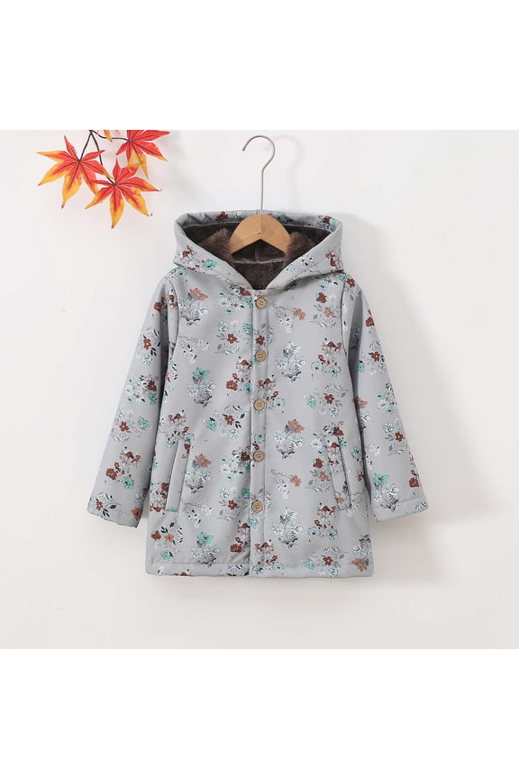 Toddler Infant Multicolor Floral Coat - Warm Thickened Lining, Faux Fur Hood, Side Pockets, Nylon Spandex, Light Gray Base, Sizes 90-140 for 2-10Y Kids,Size 4 T
