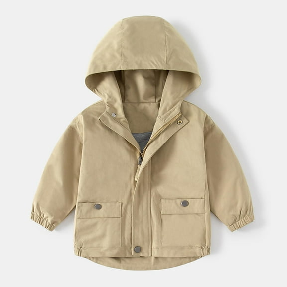 fnnxnal Toddler Khaki Hooded Jacket 3T - Polyester Lightweight Coat with Pockets, Zip & Button, Durable for Spring Fall, Everyday Toddler Outerwear