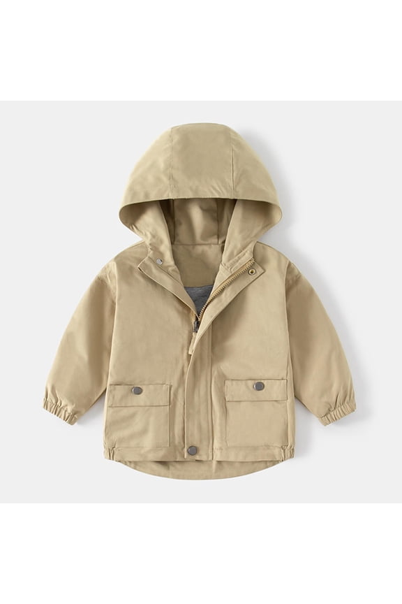 Toddler Khaki Hooded Jacket 3T - Polyester Lightweight Coat with Pockets, Zip & Button, Durable for Spring Fall, Everyday Toddler Outerwear