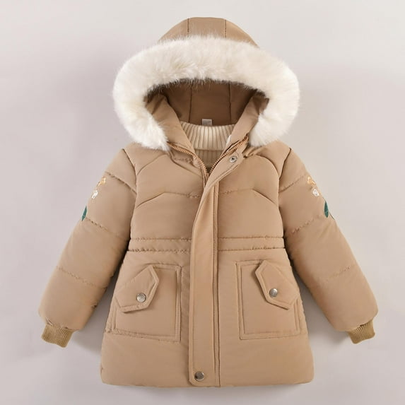 Trupants Toddler Kids Winter Puffer Jacket 4-8 Years, Khaki, 3T - Hooded with Faux Fur Trim, Waterproof Nylon, Warm Padded Coat with Pockets for Girls Boys