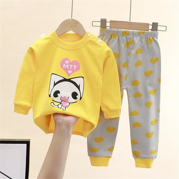 Trupants Toddler Outfit Set 100% Cotton - 3T Yellow, Cat & Heart Print, Easy Dress with Side Buttons, Durable Everyday Wear for Kids