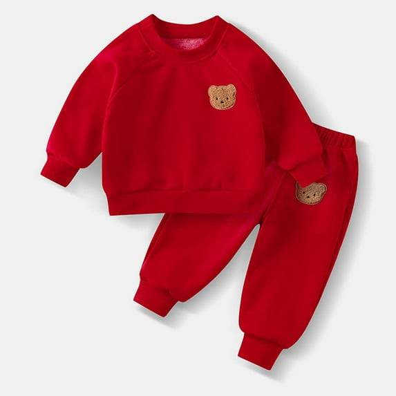 fnnxnal Toddler Outfit Set 3T Red - Teddy Bear Patch, Cotton Blend, Easy Dress with Elastic Waist, Gender Neutral Kids Clothes for Play