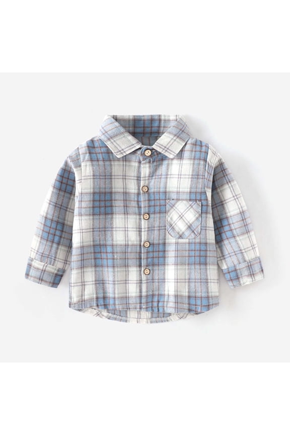 Toddler Plaid Shirt 3T - Cotton Light Blue, Long Sleeve Button Down with Chest Pocket, Classic School & Casual Kids Shirt for 1-10Yrs