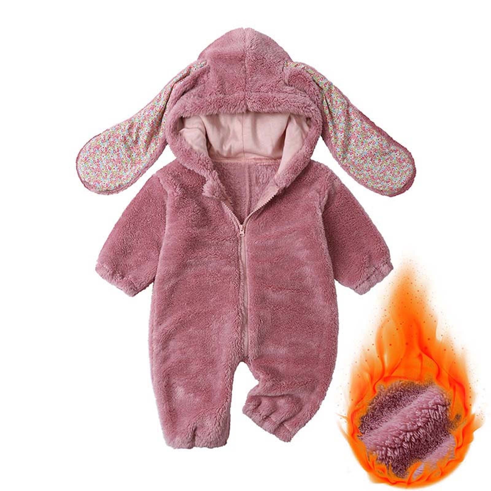 FAIOROI Warm Baby Thermal Onesie - Pink, 2T, Infant Size, Plush 100% Polyester with Bunny Ear Hood & Front Zipper for Daily Wear/Photoshoots