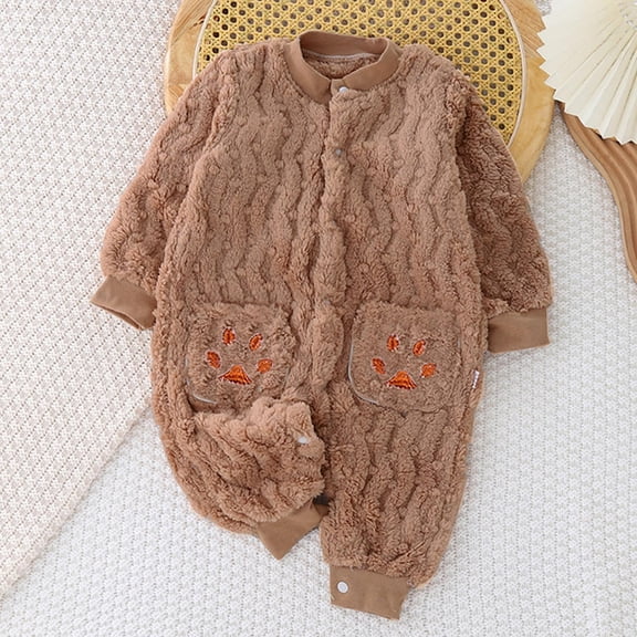 Trupants Warm Fluffy Kids Girl Onesie Coffee 6-12 Months - Soft Nylon Spandex Outfit with Paw Print, Front Button, Ribbed Cuffs for Cool Weather/Daily Wear,Size 9 Months