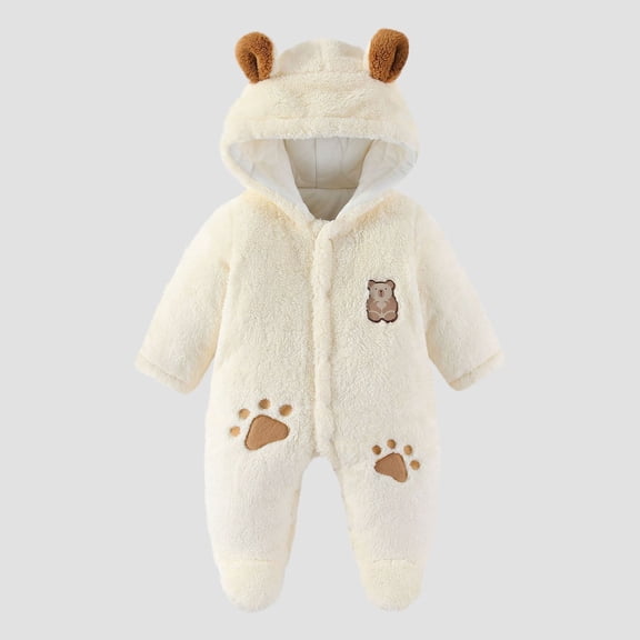 FAIOROI White Kids Girl Bear Onesie - Warm Footed Kids Jumpsuit with Plush Ears, Front Zipper & Quilted Lining, Fall/Winter Wear for 0-12M Daily/Photo Use,Size 1 T