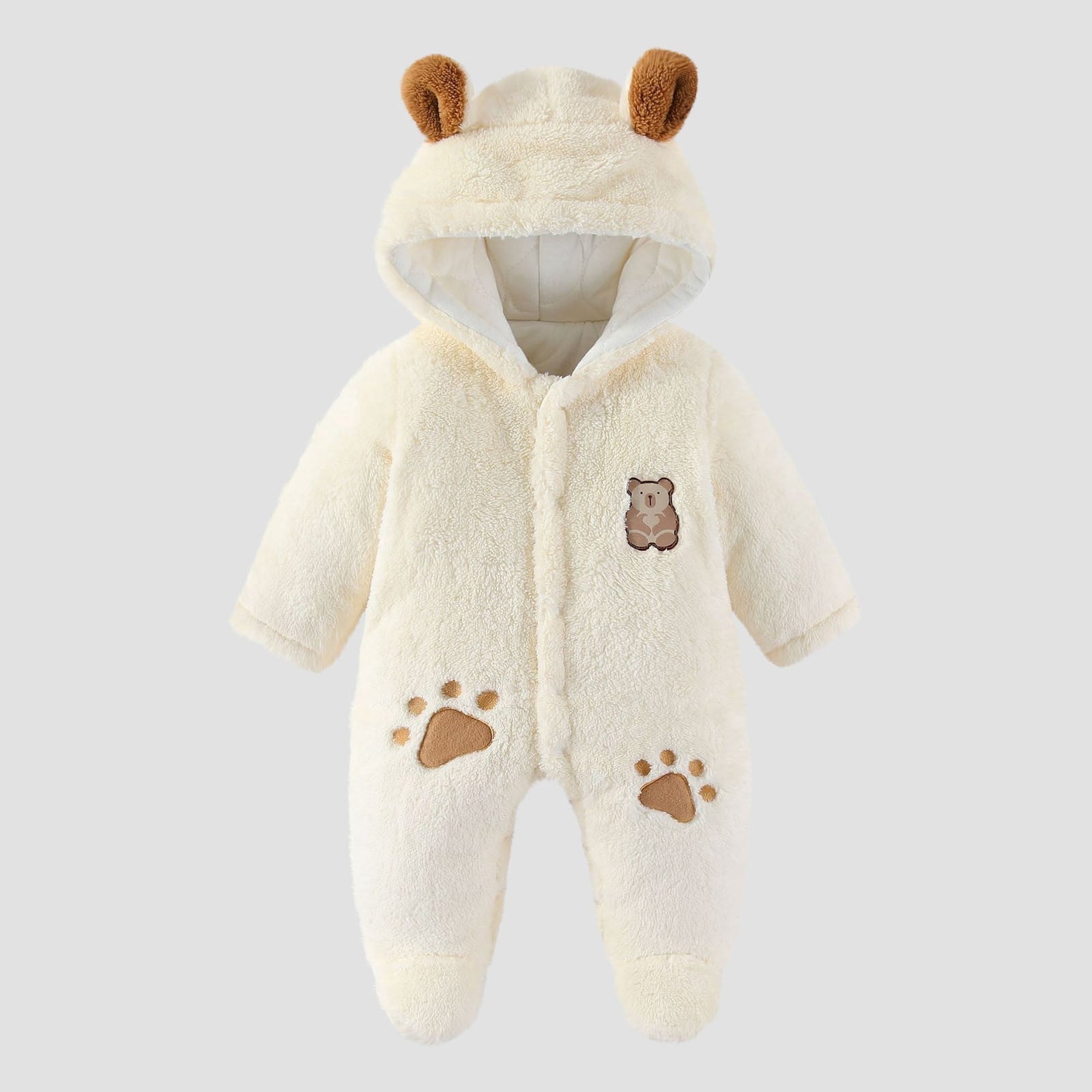FAIOROI White Kids Girl Bear Onesie - Warm Footed Kids Jumpsuit with Plush Ears, Front Zipper & Quilted Lining, Fall/Winter Wear for 0-12M Daily/Photo Use,Size 6 Months
