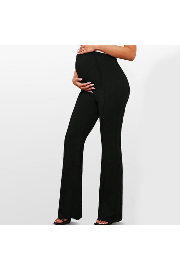 Women's Comfortable Maternity Cotton Pants - High Waist Stretchy Flared, All Trimesters, Affordable, Black, Size S