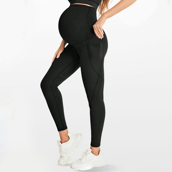 fnnxnal Women's Cotton Maternity Leggings - High Waisted with Pockets, Stretchy Comfortable Belly Support, Black, Size L