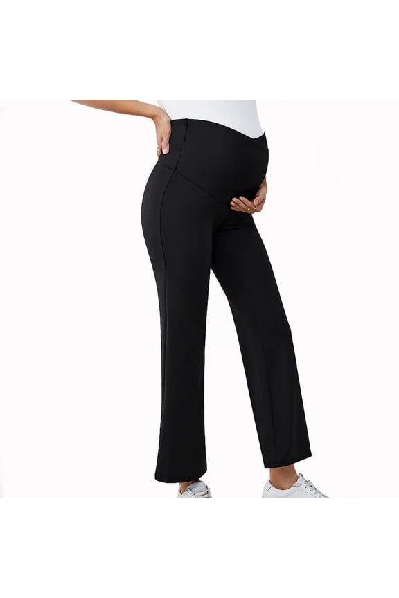 Women's Cotton Maternity Pants, High-Waisted Stretchy with Belly Support, Flared Leg, Comfortable for All Trimesters & Postpartum, Size L, Black