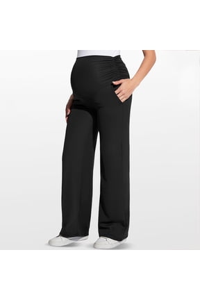 Women's Maternity Pants - Cotton, High Waisted Wide Leg with Side Pockets, Stretchy Ruched Belly Panel, Breathable for All Trimesters, Size L, Black