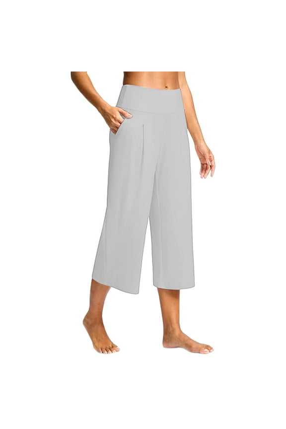 Women's Plus Size 2XL Gray Capri Pants for Summer with Elastic Waist - Ladies Yoga Pants 2025 Trendy Dressy Casual Athletic Tights and Capris Womens Workout Capri Pants
