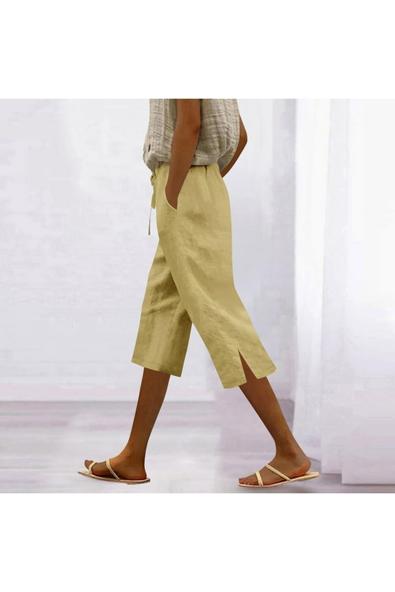 Women's Summer Capri Pants with Elastic Waist - Trendy 2025 Khaki Cotton Linen Length Leggings for Women - Dressy Casual Ladies Capri Pants in M Size