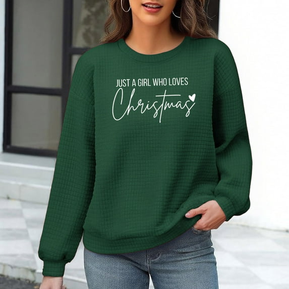 Trupants Womens Green Christmas Sweatshirt - "Just A Girl Who Loves Christmas" Print, Soft Stretchy Waffle Knit, Casual Crew Neck Loose Fit, Breathable Fabric, Sizes S-XXL,Size XL
