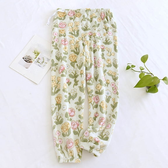 fnnxnal Womens Green Floral Print Sleep Pants - 100% Polyester Loose-Fit Loungewear with Adjustable Drawstring & Cuffed Ankles,Size XL