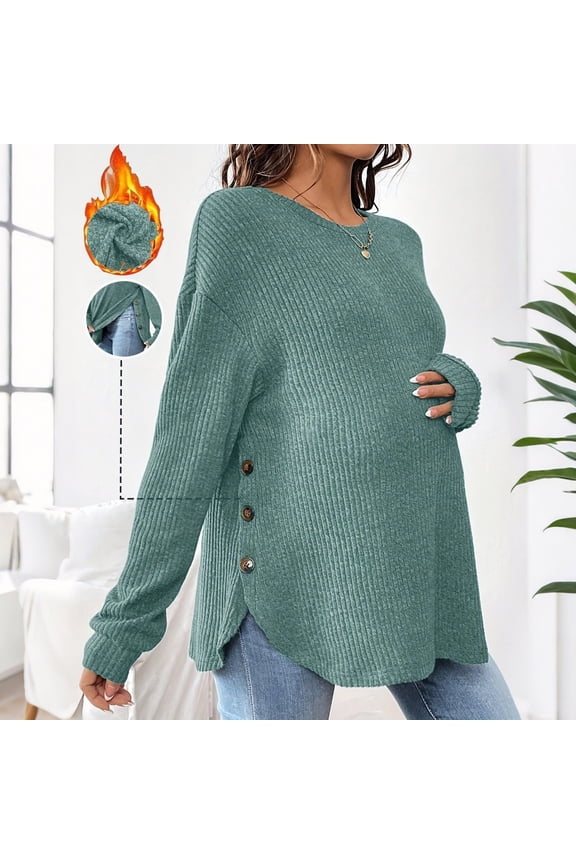 Womens Maternity Sweater Loose Fit - Stretch Crew Neck Long Sleeve Ribbed Knit Green Top for Pregnant Women,Size L