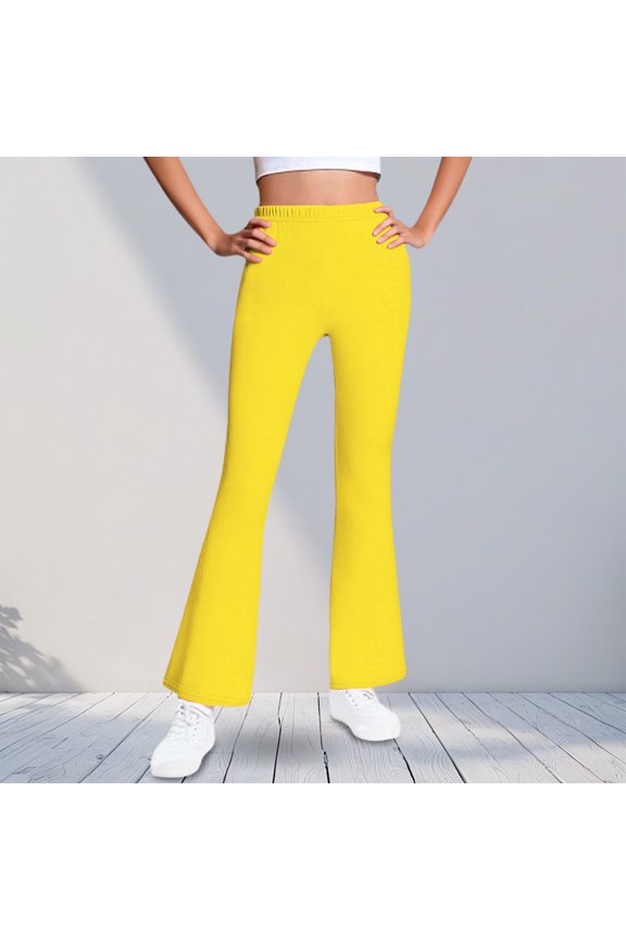 Yellow Retro 70s Flare Pants for Girls - Fleece Lined Kids' Stretchy Pants, Elastic Waist Polyester Spandex, Sizes 120-170,Size 15 T