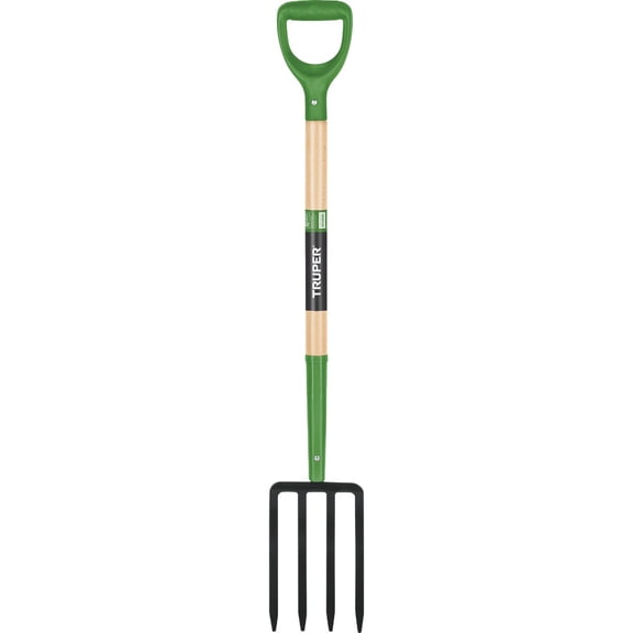 Truper Spading Fork, 4-Tine Steel Head, 30-Inch, Wood D-Handle, Heavy-Duty Garden & Landscaping Digging Fork (Model 30293)