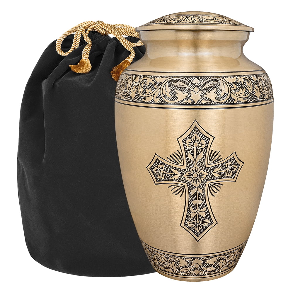 Trupoint Memorials Bronze Cross Adult Large Cremation Urn for Human Ashes with Velvet Bag