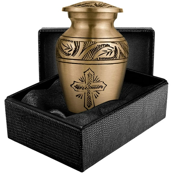 Trupoint Memorials Bronze Cross Beautiful Small Mini Keepsake Urn for Human Ashes - Qnty 1 with Velvet Bag