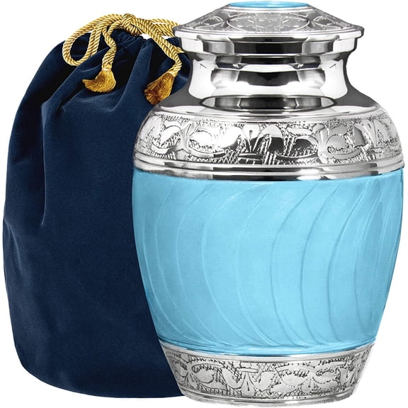 Trupoint Memorials Hugs and Kisses Beautiful Light Blue Child's Cremation Urn for Human Ashes - for a Lost Son or Baby Boy - with Velvet Bag