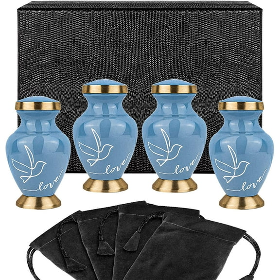 Trupoint Memorials Modern Love Light Blue Small Keepsake Urns for Human Ashes - Set of 4 - with Velvet Bags