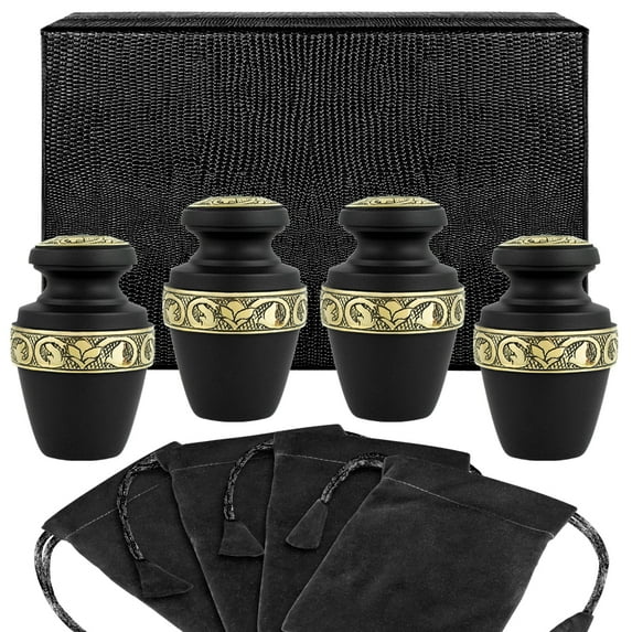Trupoint Memorials Serenity Black Beautiful Small Keepsake Urns For Cremation Ashes In Home - Set of 4 with Case and Velvet Bags