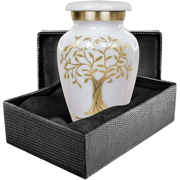 Trupoint Memorials Tree of Life White Small Keepsake Urn for Human Ashes Modern Style - Qnty 1 - with Case and Velvet Bag