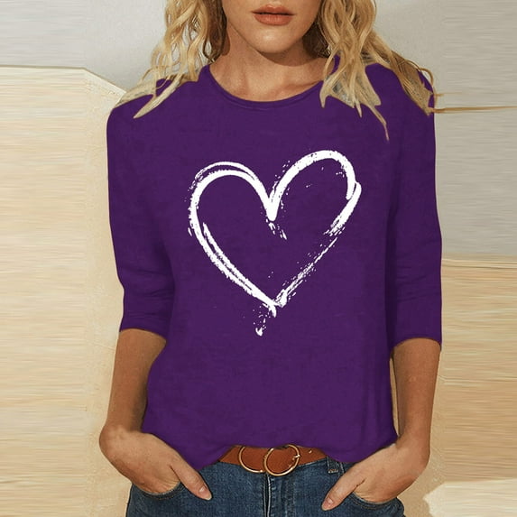 Trushirt Womens Tops Casual 3/4 Sleeve Crew Neck Fall Winter Print Purple Going Out Tops for Women Size 2XL