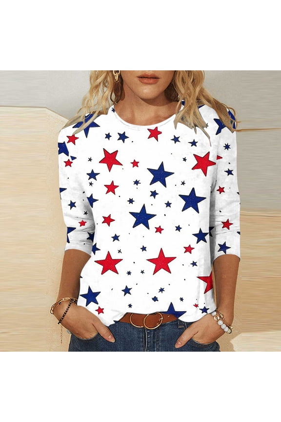 Trushirt Womens Tops Casual 3/4 Sleeve Crew Neck Print Fall Winter Multicolor Going Out Tops for Women Size L