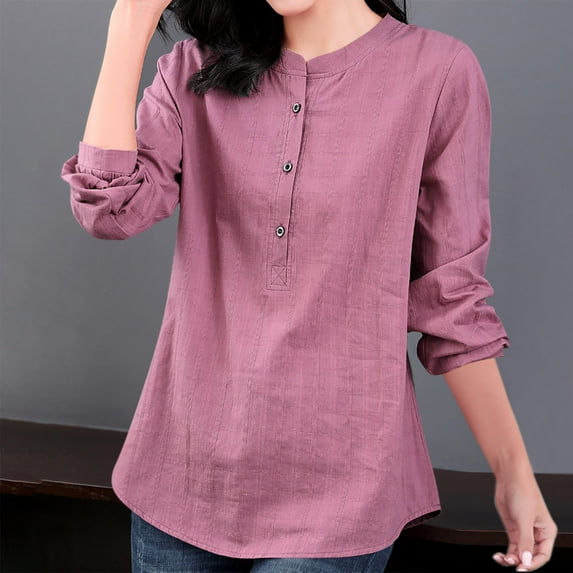 Trushirt Womens Tops Cotton and Linen Casual Solid Crew Neck Long Sleeve Fall Winter Pink Going Out Tops for Women Size XL