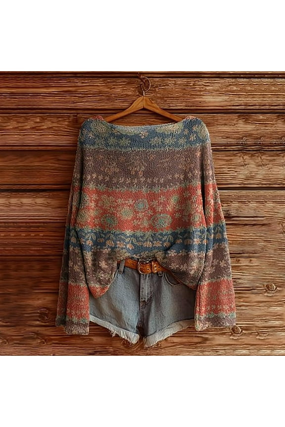 Womens Tops Crew Neck Casual Knit Long Sleeve Fall Winter Print Orange Boho Tops for Women Size S