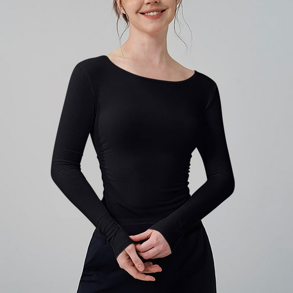 VOONCAS Womens Tops Fall Winter Crew Neck Long Sleeve Solid Casual Black Going Out Tops for Women Size S